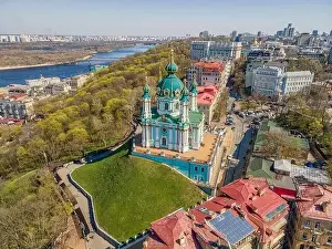 Podol Prints: Aerial top view by drone of St. Andrew's Church in Kiev city