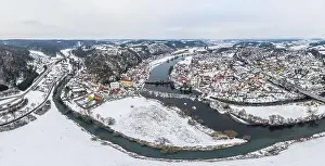 Upper Palatinate Prints: Aerial view from drone of town view of market Kallmünz Kallmuenz in Bavaria and bridge over river Naab