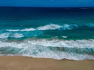 Tropical Coast Prints: Aerial top view by drone of tropical Falasarna beach on Crete, Greece