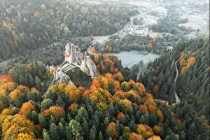 Aerial view from drone to Tustan fortress - archeological and natural monument of national significance in Urych village in autumn time, Ukraine