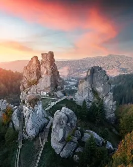 Aerial view from drone to Tustan fortress - archeological and natural monument of national significance in Urych village in autumn time, Ukraine