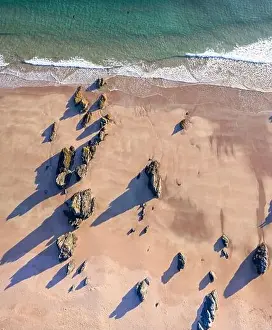 Route 500 Prints: Top down aerial view over Durness Sands at sunny morning in the Northwest Highlands of Scotland - NC500