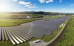 Solar Farm Prints: Aerial view to ecology solar power station panels in the green fields