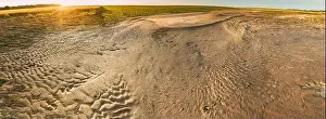 Aerial View Of Eroded Soil, Soil On Field After Flooding Or Heavy Rains. Panorama. Panoramic View