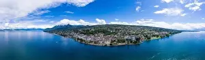 Lake Geneva Prints: Aerial view of Evian (Evian-Les-Bains) city in Haute-Savoie in France