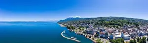 Lake Geneva Prints: Aerial view of Evian (Evian-Les-Bains) city in Haute-Savoie in France