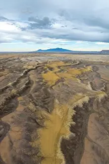 Expanse Prints: Aerial view of an expansive desert terrain featuring rugged formations and soft sand hues in Hanskville