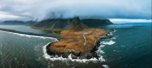 Eystrahorn Prints: Aerial view of Eystrahorn mountain and coastal landscape on Stokksnes cape in Iceland with dramatic scenery