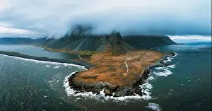 Eystrahorn Prints: Aerial view of Eystrahorn mountain and coastal landscape on Stokksnes cape in Iceland with dramatic scenery