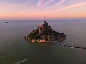 Michel Prints: Aerial view of famous Le Mont-Saint-Michel at sunset in Normandie, France