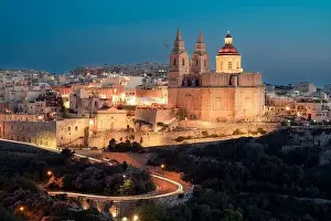 Aerial view of famous old Mellieha Parish Church or Birth of Our Lady. Malta country