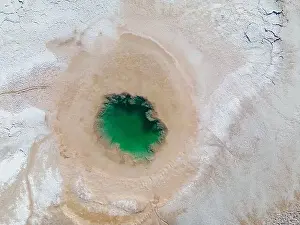 Aerial view of the famous tourist attraction Ojos del Mar near Tolar Grande in the Argentinian highlands called Puna in