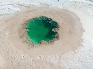 Aerial view of the famous tourist attraction Ojos del Mar near Tolar Grande in the Argentinian highlands called Puna in