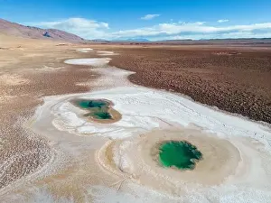 Aerial view of the famous tourist attraction Ojos del Mar near Tolar Grande in the Argentinian highlands called Puna in
