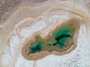Aerial view of the famous tourist attraction Ojos del Mar near Tolar Grande in the Argentinian highlands called Puna in