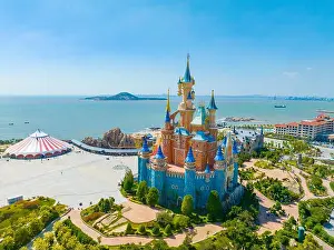 Scenic Beauty Prints: Aerial View of a Fantasy Castle in a Coastal Theme Park