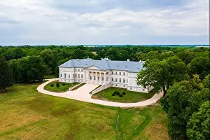 Hungarian Culture Prints: Aerial view about Festetics Castle in Dég which is the only classicist castle in Fejér County