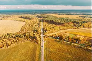 Aerial View Of Field And Deforestation Area Landscape At Summer Sunny Day. Green Pine Forest In Deforestation Zone. Top View Of Field And Forest