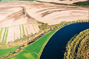 Overflow Prints: Aerial View Fields And River Landscape In Sunny Spring Summer Day