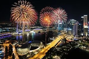 Images Dated 26th February 2017: Aerial view of Fireworks celebration over Marina bay in Singapore