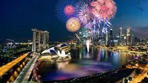 Aerial view of Fireworks celebration over Marina bay in Singapore. New year day 2018 or National day celebration at Singapore. Asia