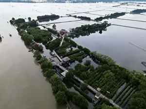 Aerial view of fisherman village and mangrove forest in rainy season. Bekasi, Indonesia, March 9, 2021