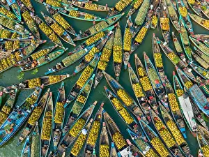Farmers Prints: Aerial view of floating market of seasonal fruits on the boats in Kaptai Lake