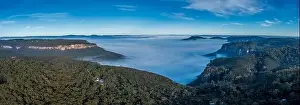 Gully Prints: Aerial view of fog in Megalong Valley near Blackheath in The Blue Mountains in regional New South Wales in Australia