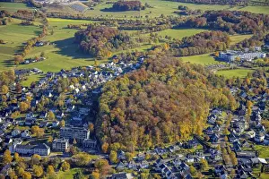 Natural Preserve Prints: Aerial view, forest Druebel - nature reserve in autumn colours and vehicle registration office Brilon in Brilon