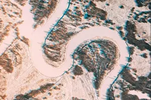 Riverscape Prints: Aerial view forest woods and river landscape in winter day