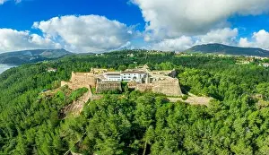 Philip Prints: Aerial view of Fortress Sao Filipe in Setubal Portugal star shape fort for cannons
