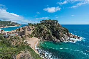 Aerial view of Fortress Vila Vella and Badia de Tossa bay at summer in Tossa de Mar on Costa Brava, Catalonia, Spain