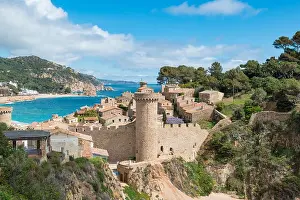 Aerial view of Fortress Vila Vella and Badia de Tossa bay at summer in Tossa de Mar on Costa Brava, Catalonia, Spain