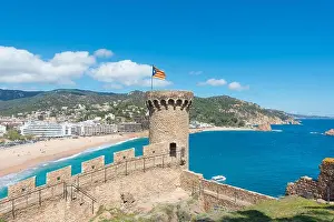 Aerial view of Fortress Vila Vella and Badia de Tossa bay at summer in Tossa de Mar on Costa Brava, Catalonia, Spain