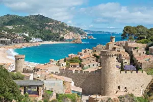 Aerial view of Fortress Vila Vella and Badia de Tossa bay at summer in Tossa de Mar on Costa Brava, Catalonia, Spain