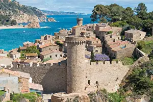 Aerial view of Fortress Vila Vella and Badia de Tossa bay at summer in Tossa de Mar on Costa Brava, Catalonia, Spain