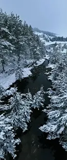 Forest River Prints: An aerial view of a frozen river flowing through snow-covered forests on a cloudy sunset sky background