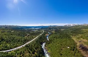 Aerial view of the Gausta waterfall in the north of Sweden