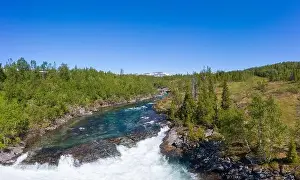 Aerial view of the Gausta waterfall in the north of Sweden