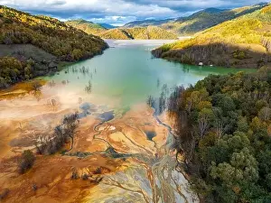 Alba Prints: Aerial view of Geamana lake, a water body formed from the toxic waste of copper and gold mining