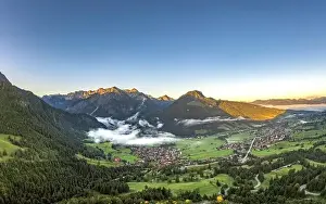 Swabia Prints: Aerial view of German Village Bad Oberdorf at sunrise near Zugspitze and austria border