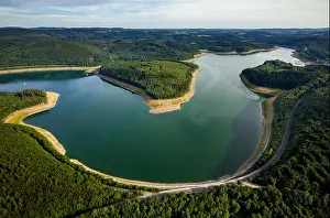 North Rhine Westphalia Prints: Aerial view, Gilberginsel, lowered water levels in the Biggetalsperre to repair the Felsschuettdammes