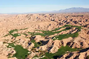 Desolate Prints: AERIAL VIEW. Golf course in the Mojave Desert. Mesquite, Clark County, Nevada, USA