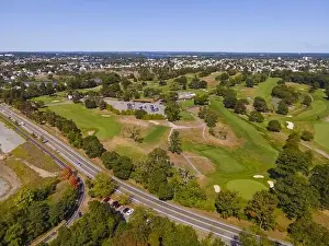 Rhode Prints: Aerial view of a golf course and Veterans Memorial Pkwy with historic city at the background in East Providence