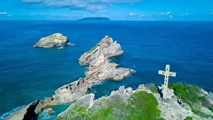 Pointe Prints: Aerial View to the Green Coast of the Pointe des Chateaux beach under the blue cloudy sky