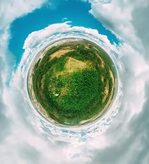 Aerial View Green Coniferous Forest Pines Woods Landscape In Sunny Spring Day. Top View Of Beautiful European Nature From High Attitude. Drone View. B