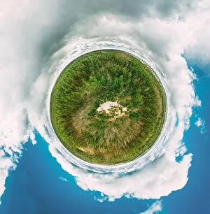 Aerial View Green Coniferous Forest Pines Woods Landscape In Sunny Spring Day. Top View Of Beautiful European Nature From High Attitude. Drone View. B