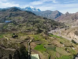 Aerial view of green fields at the Canyon de Palca in the Andes mountains near La Paz, Bolivia, South America