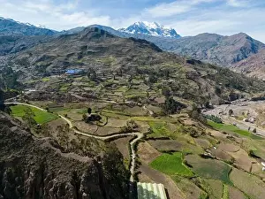 Aerial view of green fields at the Canyon de Palca in the Andes mountains near La Paz, Bolivia, South America