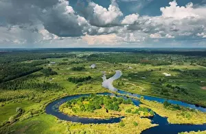 Wonderland Prints: Aerial View Of Green Forest, Meadow And River Landscape In Summer Day